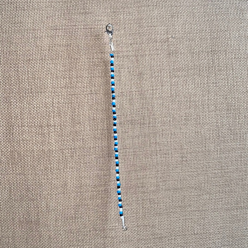 Bracelet,blue,black, white beads, fits most wrists